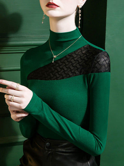 Split-Joint See-Through Skinny Leg Plus Size Mock Neck T-Shirts Tops