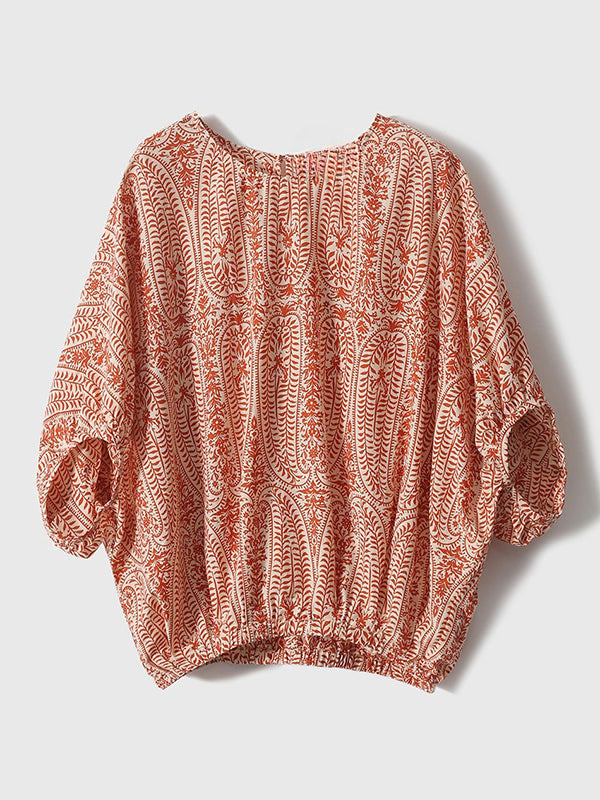 Batwing Sleeves Bow-Embellished Floral Printed Round-Neck Blouses&Shirts Tops