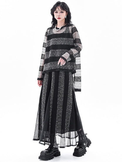 Striped Contrasting Color Elastic Round-Neck  Long-Sleeved See-Through Blouses&Shirts Tops+ Skirt Bottom Two Pieces Set