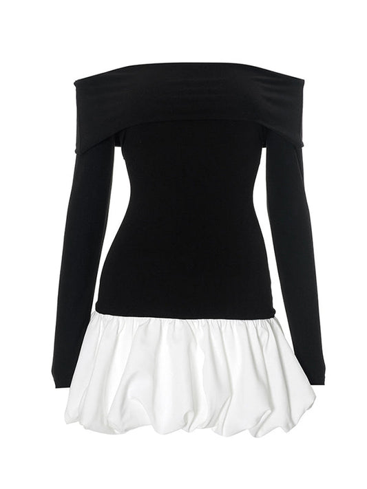 High Waisted Long Sleeves Contrast Color Pleated Split-Joint Off-The-Shoulder Mini Dresses