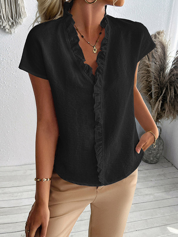 Loose Short Sleeves Ruffle Trim Solid Color V-Neck Blouses&Shirts Tops