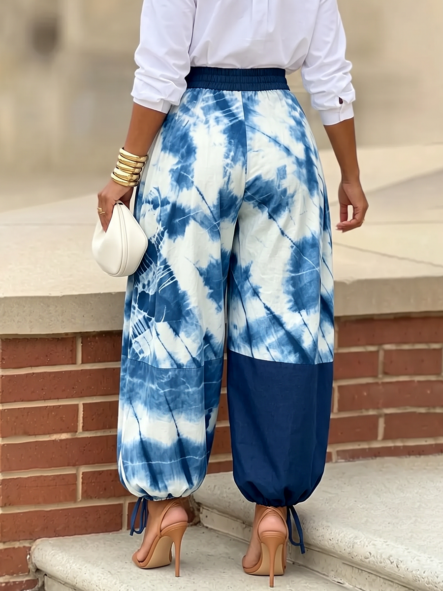 Split-Joint Printed Contrast Color High Waisted Trousers Ankle-Tied Pants