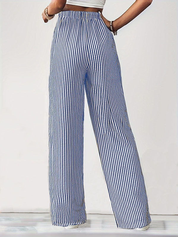 Loose Drawstring Elasticity Pockets Split-Joint Striped Pants Trousers