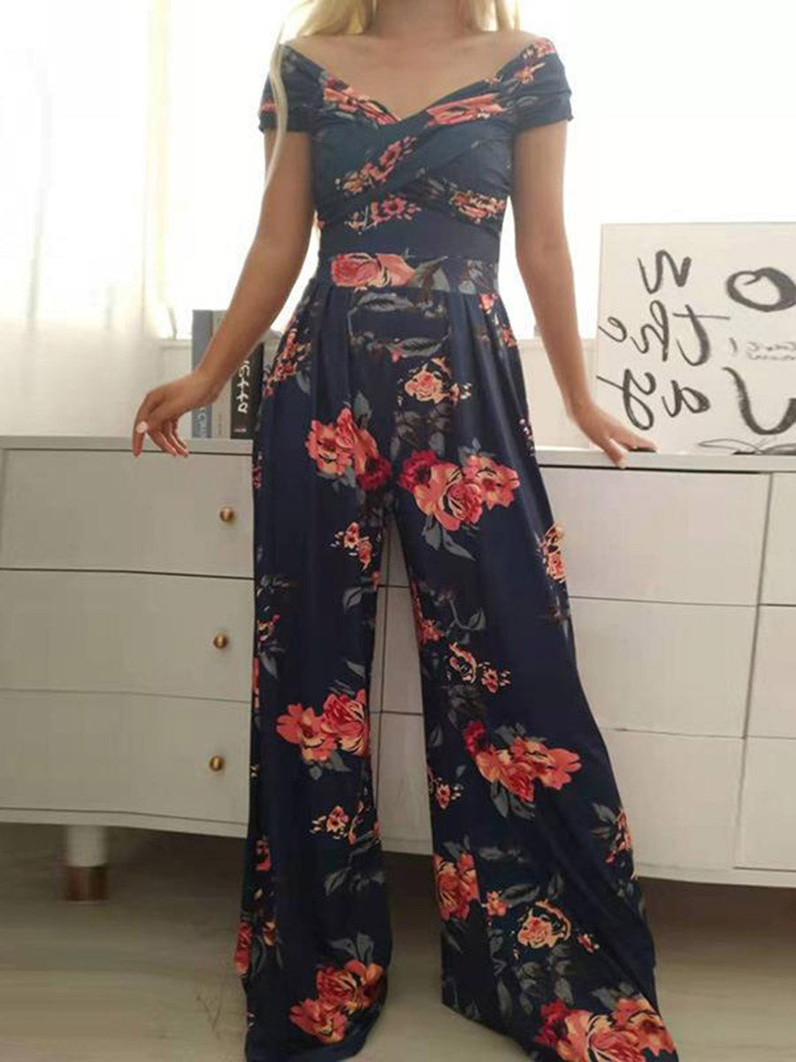 High Waisted Loose Contrast Color Pleated Printed Split-Joint Twist Off-The-Shoulder Jumpsuits