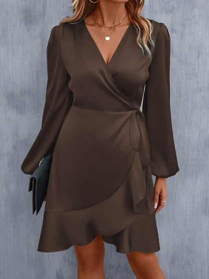 Mini-robes taille haute, plissées, élastiques, couleur unie, fendues, nouées, col en V 