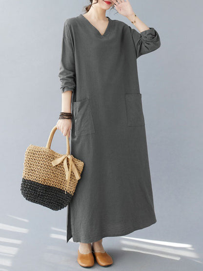 A-Line Long Sleeves Pockets Solid Color Split-Side V-Neck Maxi Dresses