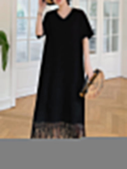 Loose Short Sleeves Solid Color Split-Joint Tasseled V-Neck Midi Dresses