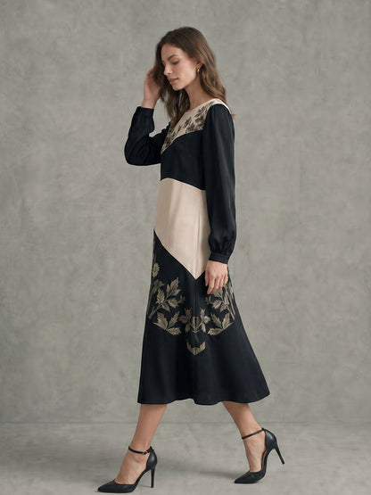 Split-Joint Ruched Flower Print Contrast Color Long Sleeves High Waisted Round-neck Midi Dresses