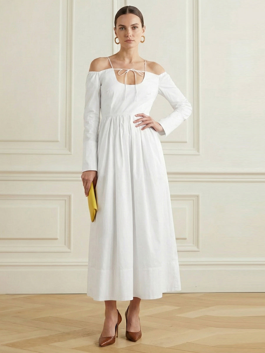 A-Line Elasticated Waist Adjustable Pleated Solid Color Split-Joint Boat Neck Maxi Dresses