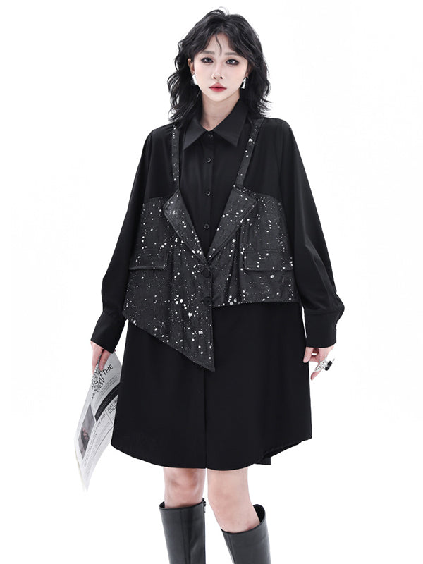 False Two Hipster Asymmetric Split-Joint Textured Lapel Collar Mini Dresses