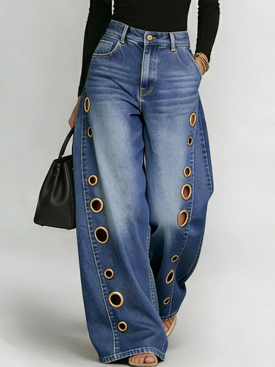 Split-Joint Pockets Hollow Geometric Buttoned Wide Leg Loose Jean Pants Bottoms