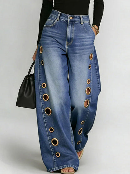 Split-Joint Pockets Hollow Geometric Buttoned Wide Leg Loose Jean Pants Bottoms