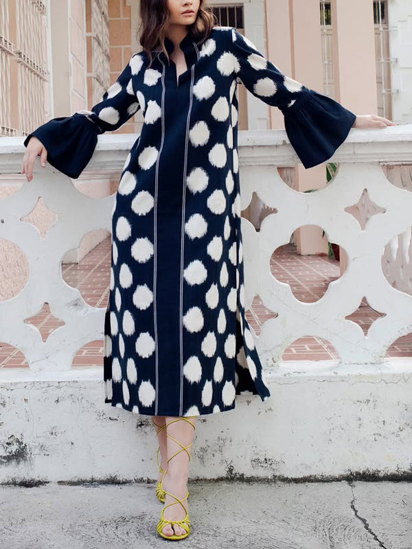 Flared Sleeves Three-Quarter Sleeves Polka-Dot Split-Side V-Neck Maxi Dresses