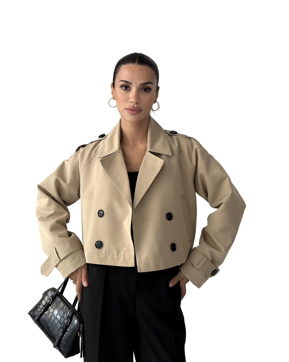 Women Cropped Trench Coat | Long Sleeve | Casual Classic