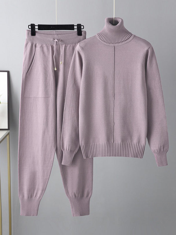 Casual Solid Long Sleeves High-Neck Sweater Tops & Drawstring Wide Leg Pants Suits