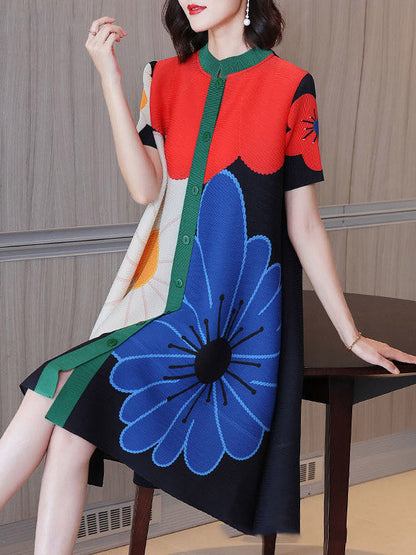 A-Linie Locker geknöpft Blumendruck Plissee Rundhals Midikleider 