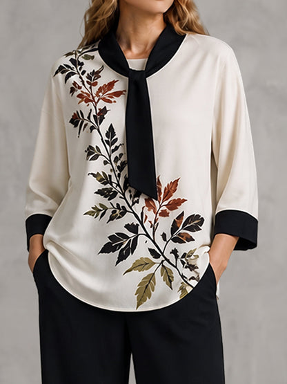 Tied Leaves Print Contrast Color Three-quarter Sleeves Round-neck Blouses&shirts Tops