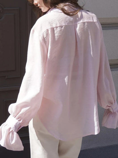 Loose Puff Sleeves Pleated Solid Color Split-Joint Lapel Blouses&Shirts Tops