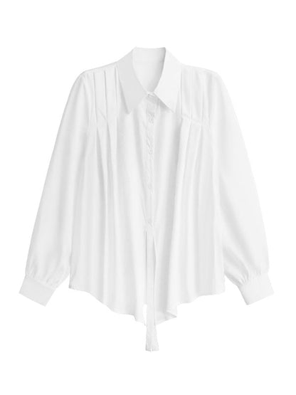 Irregularity Long Sleeves Buttoned Solid Color Split-Joint Streamer Lapel Collar Blouses&Shirts Tops