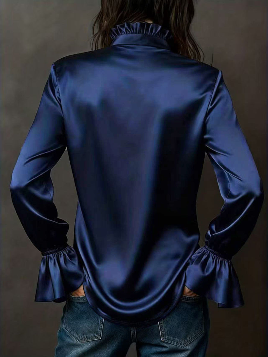 Flared Sleeves Long Sleeves Buttoned Elasticity Solid Color Lapel Blouses&Shirts Tops