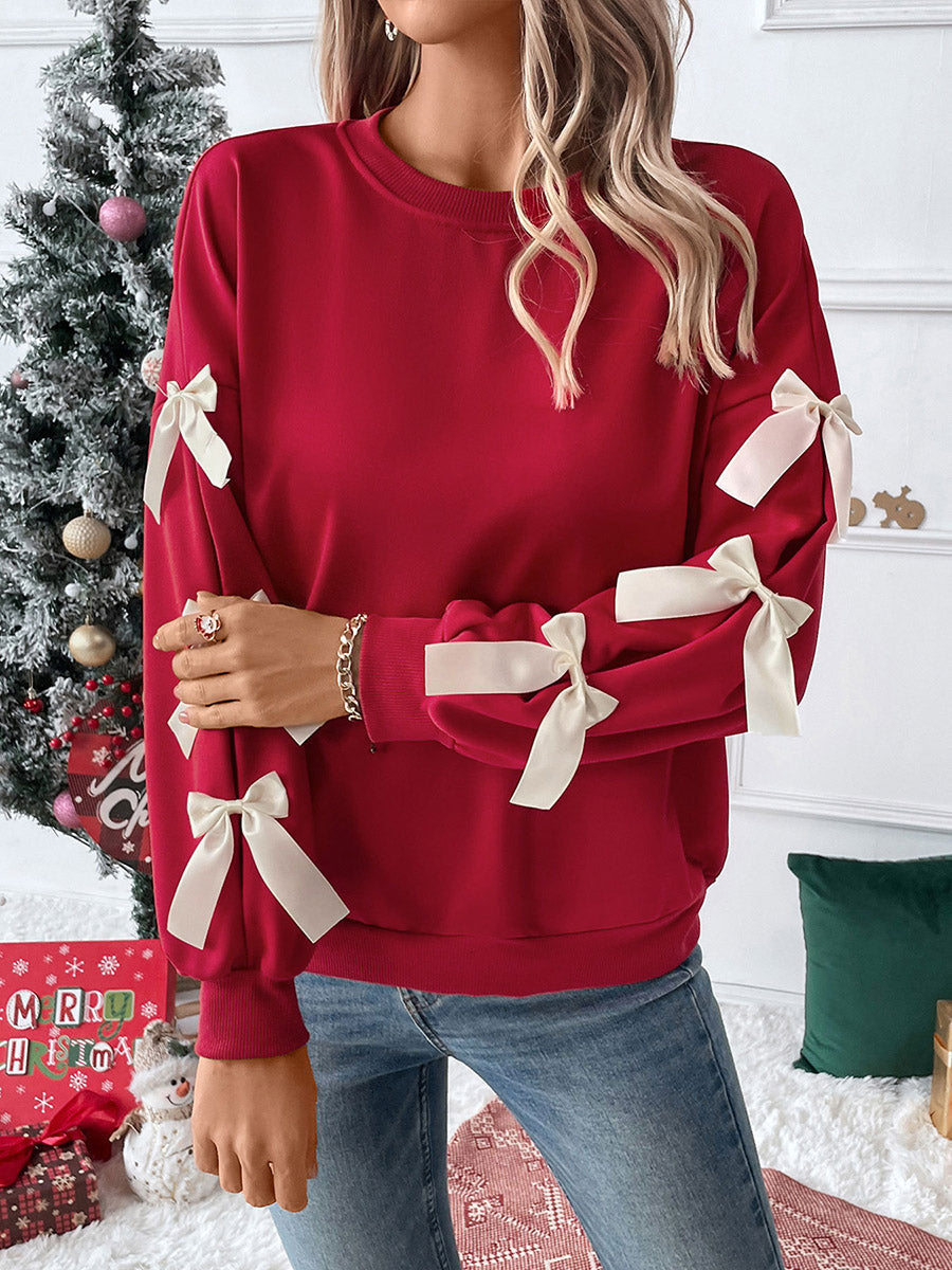 Split-Joint Contrast Color Bow-Embellished Loose Long Sleeves Round-Neck Sweatshirt Tops