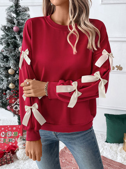 Split-Joint Contrast Color Bow-Embellished Loose Long Sleeves Round-Neck Sweatshirt Tops