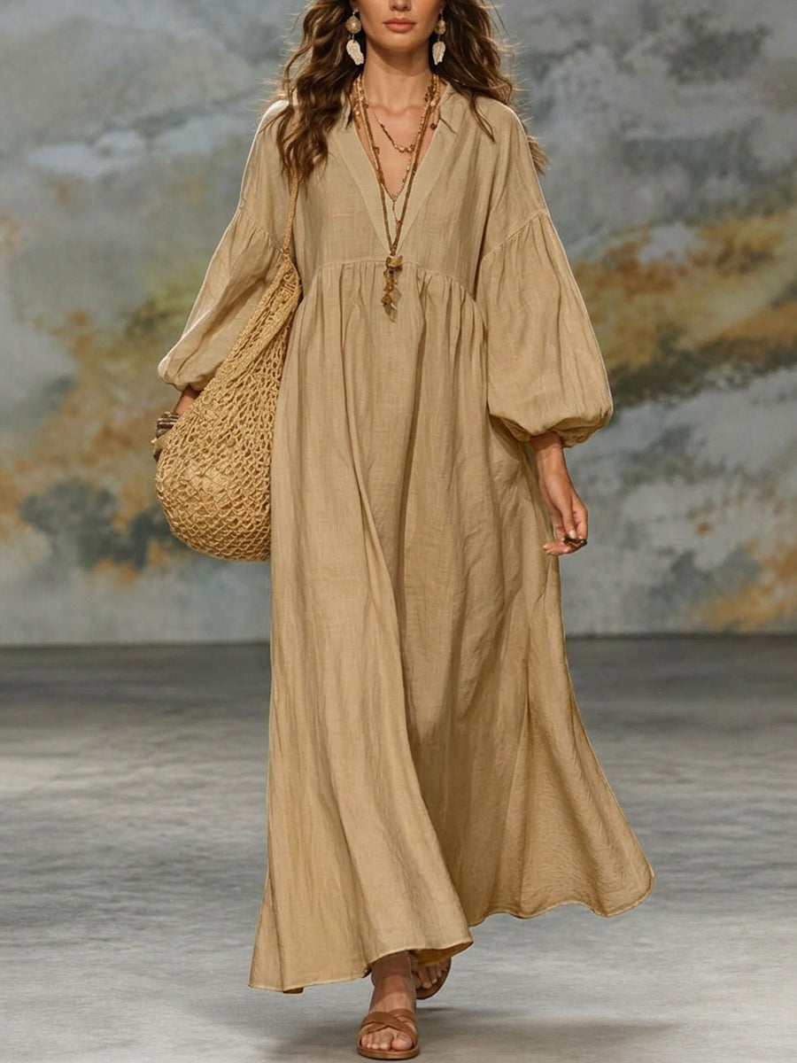 Solid Color Pleated Plus Size Loose V-neck Maxi Dresses
