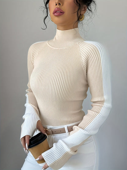 Contrast Color Skinny Long Sleeves High-neck Sweater Tops Pullovers