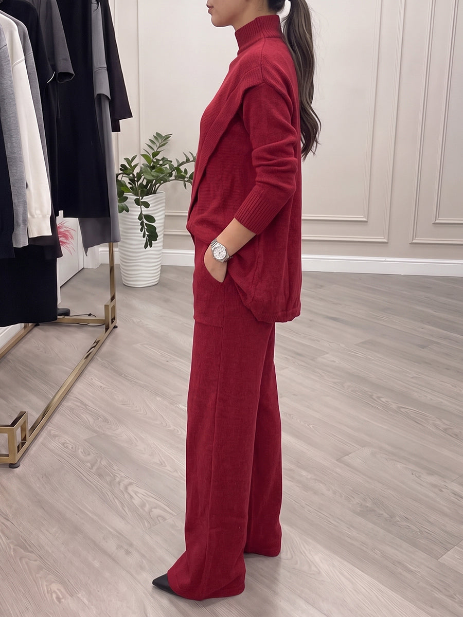 Solid Color Ribbed Knit Stand Collar Long Sleeves Asymmetric Sweater Tops + Wide Leg Trousers Pants Two Pieces Set
