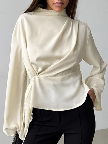 Flared Sleeves Long Sleeves Solid Color Twist Half Turtleneck Blouses&Shirts Tops