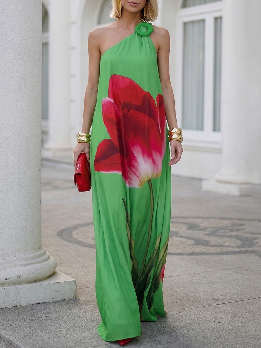 A-line Sleeveless Buckle Contrast Color Flower Print Split-Joint One-shoulder Maxi Dresses