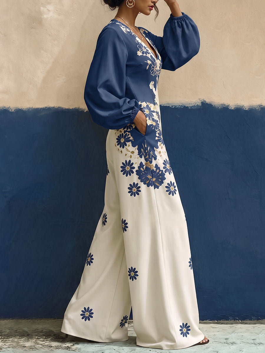 Pockets Flower Print Elasticity Contrast Color Wide Leg Long Sleeves V-neck Jumpsuits [Enhanced Image Details]