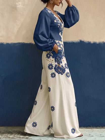 Pockets Flower Print Elasticity Contrast Color Wide Leg Long Sleeves V-neck Jumpsuits [Enhanced Image Details]