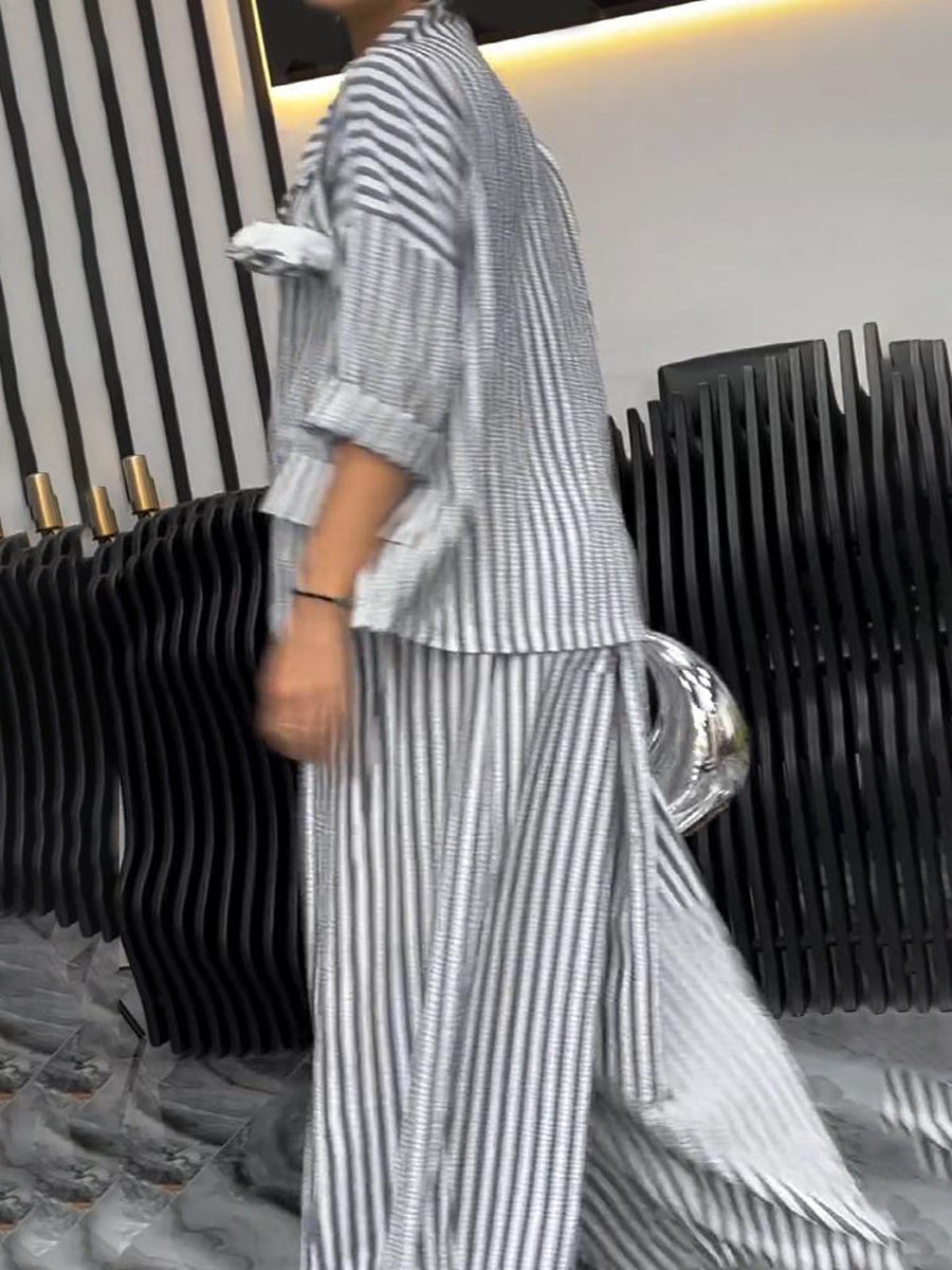Long Sleeves Loose Buttoned Contrast Color Striped Notched Collar Two Pieces Set