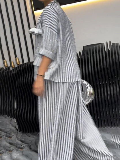 Long Sleeves Loose Buttoned Contrast Color Striped Notched Collar Two Pieces Set