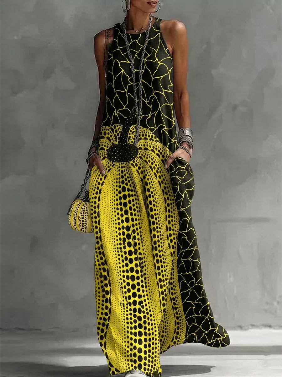 Loose Sleeveless Pockets Polka-Dot Printed Round-Neck Maxi Dresses