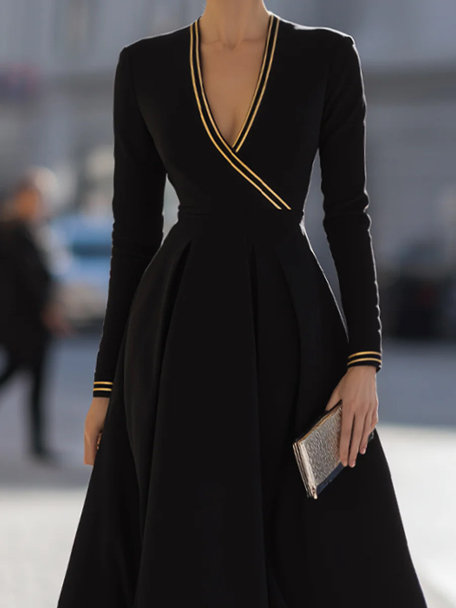 High Waisted Long Sleeves Contrast Color Pleated Split-Joint Deep V-Neck Maxi Dresses