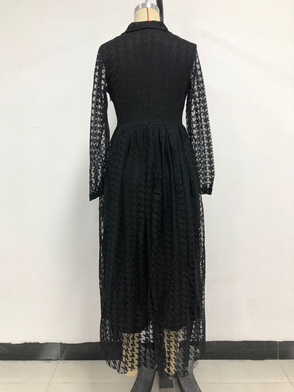 Robe longue taille haute, manches longues, boutonnée, transparente, couleur unie, col en V 