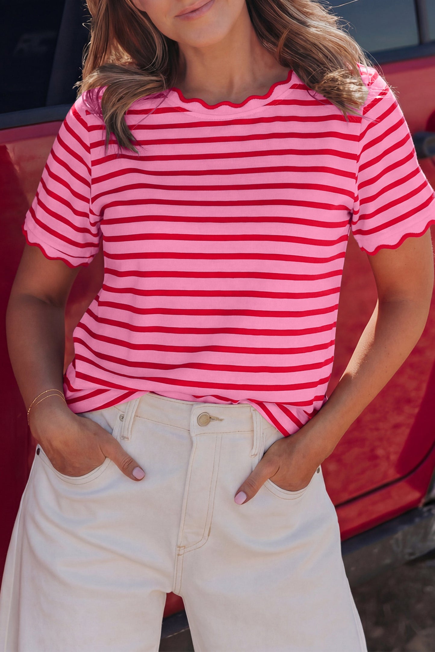 Green Stripe Scalloped Trim Round Neck T Shirt