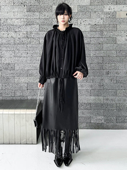 Long Sleeves Loose Drawstring Pleated Pullover Design Solid Color Lace Collar Blouses&Shirts Tops