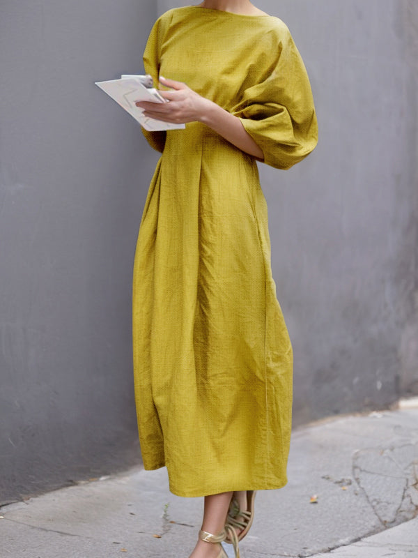 Half Sleeves Loose Solid Color Round-neck Maxi Dresses YELLOW