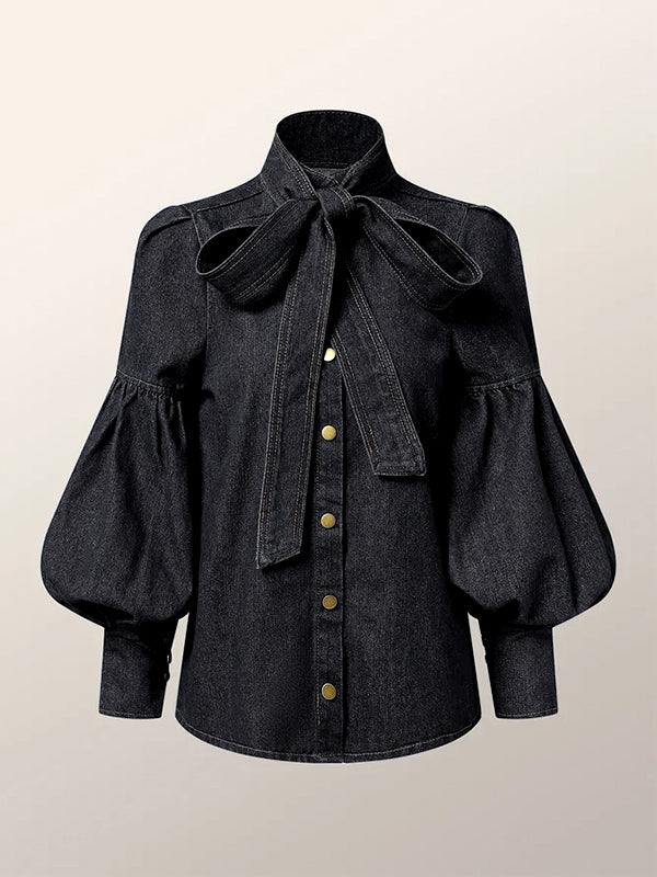 Tied Split-Joint Buttoned Bow-Embellished Puff Sleeves Long Sleeves High Neck Blouses&shirts Tops