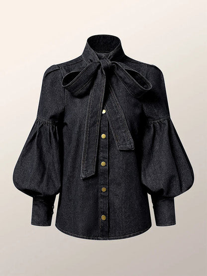 Tied Split-Joint Buttoned Bow-Embellished Puff Sleeves Long Sleeves High Neck Blouses&shirts Tops