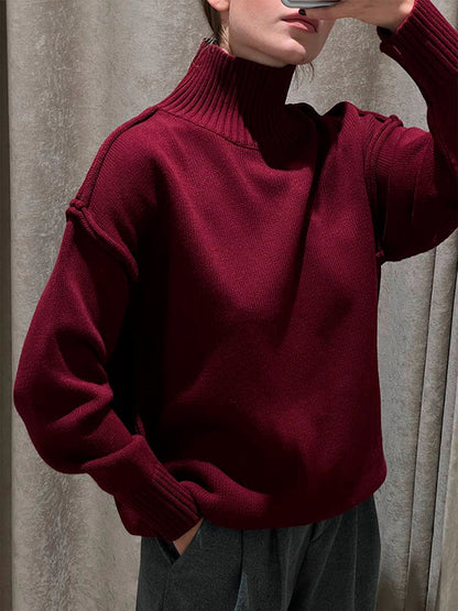 Long Sleeves Loose Solid Color Split-Joint High Neck Pullovers Sweater Tops