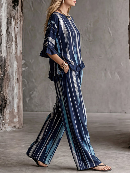 Split-Joint Ruffle Trim Printed Three-quarter Sleeves Ruffle Sleeves Round-neck Blouses&shirts Tops