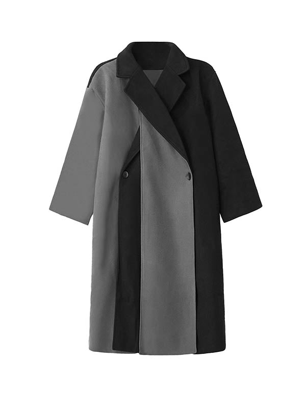 Irregularity Long Sleeves Buttoned Contrast Color Double-Breasted Split-Joint Tasseled Notched Collar Outerwear Overcoat