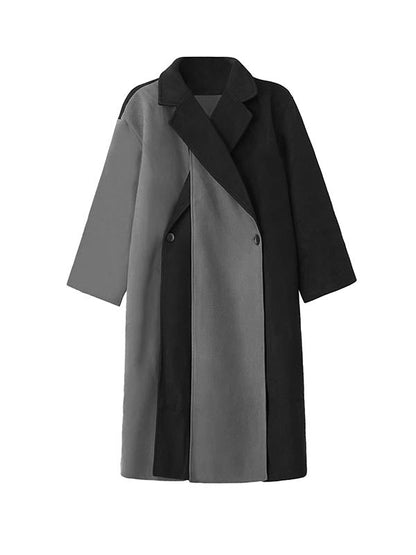 Irregularity Long Sleeves Buttoned Contrast Color Double-Breasted Split-Joint Tasseled Notched Collar Outerwear Overcoat