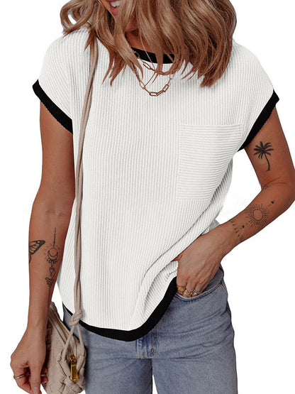 Loose Short Sleeves Colorful Contrast Color Pockets Round-neck T-Shirts Tops