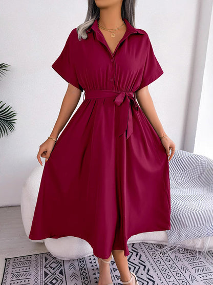 Loose Short Sleeves Solid Color Split-Joint Tied Waist Lapel Midi Dresses Shirt Dress