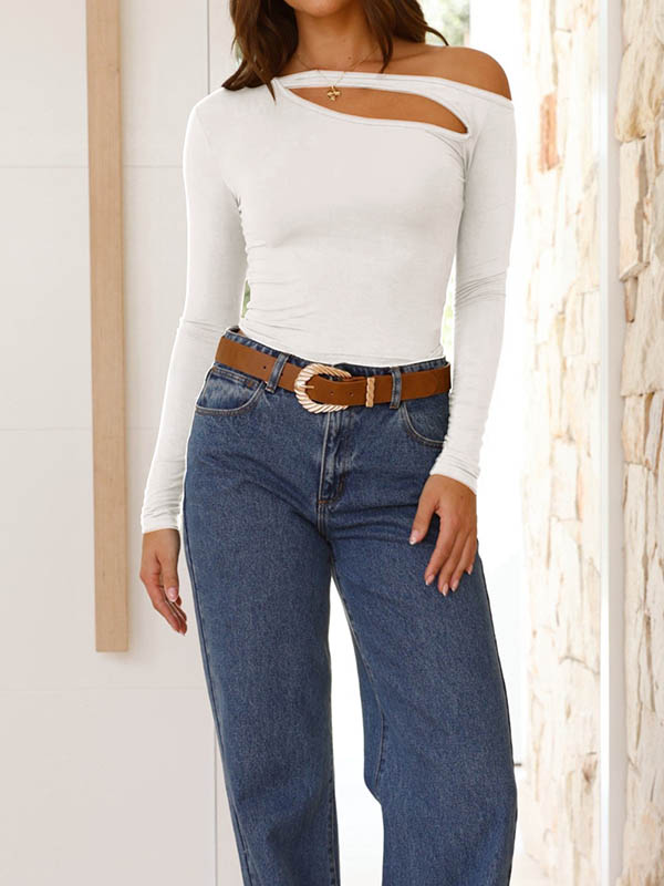 Langarm-T-Shirts mit asymmetrischem, hohlem, einfarbigem, asymmetrischem Kragen 